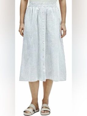 EILEEN FISHER Striped Hemp/Cotton Button Front Midi Skirt Women’s Medium Blue